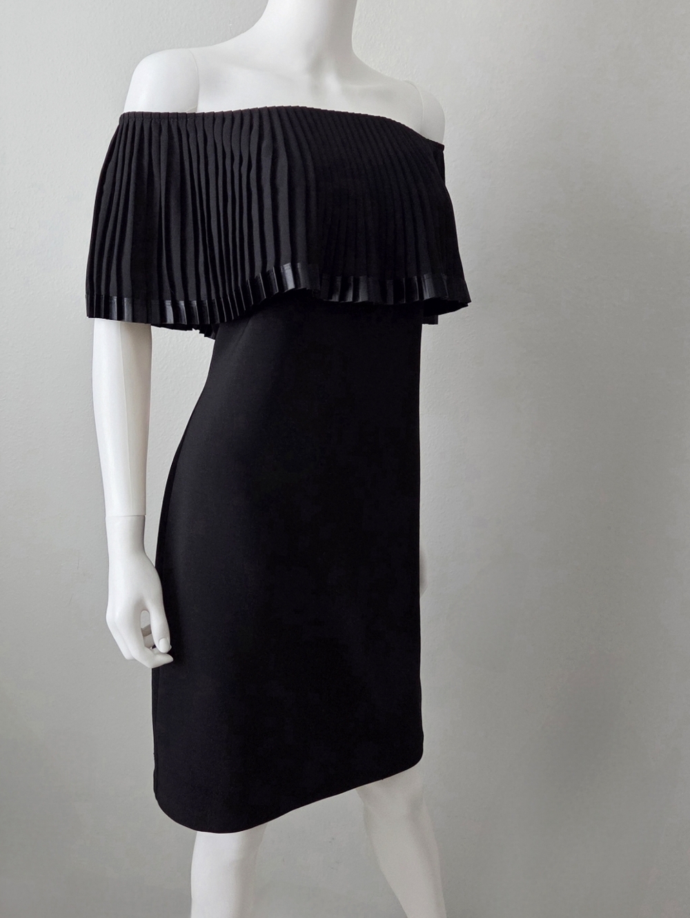 Frank Lyman Design Black Pullover Midi Dress W/ Off-Shoulder Pleated Overlay, 10